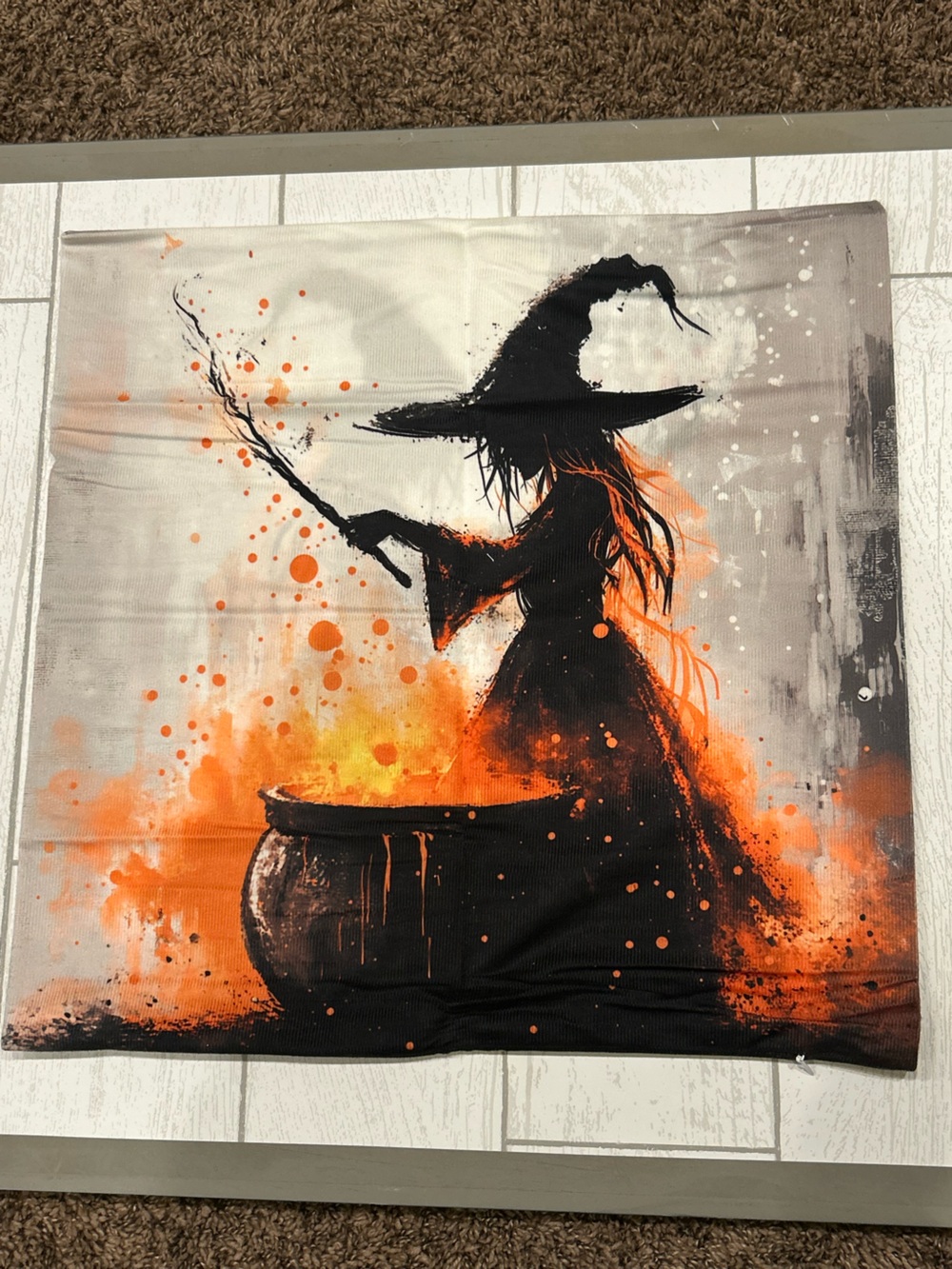 Orange and Black Halloween Witch Silhouette Pillow Cover